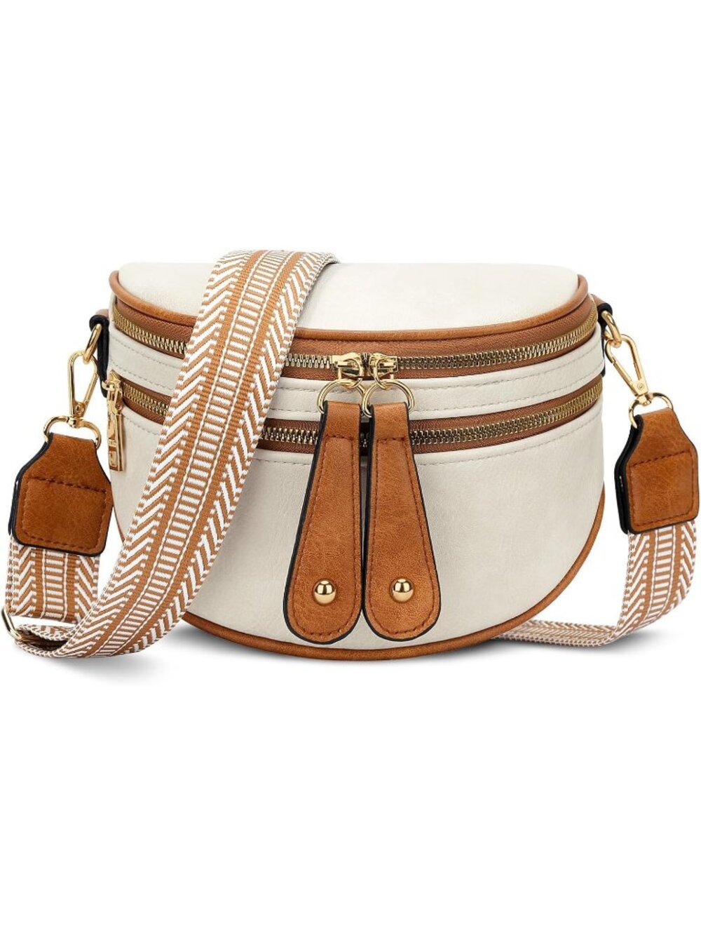 Women's Beige Vegan Leather Trendy Fanny Pack Crossbody Sling Bag Zip Pockets